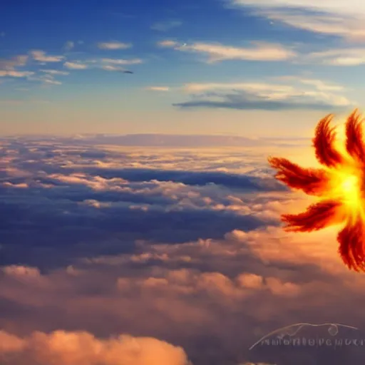 Image similar to a phoenix rising above the clouds with a fiery sun burning all around it brightly lit.