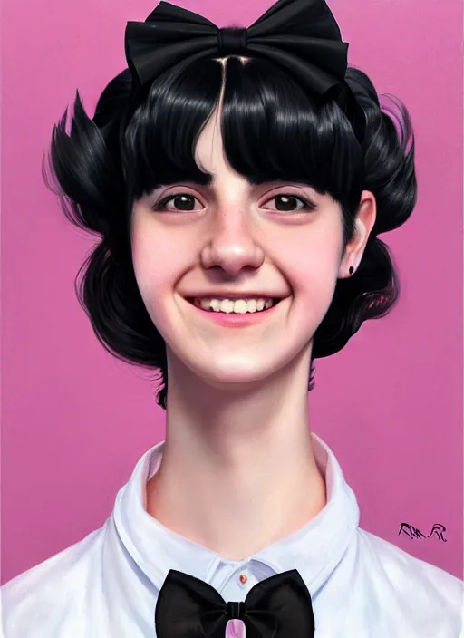Image similar to portrait of high school girl, realistic, black hair, bangs, half updo hairstyle, pointy nose, skinny, smile, ugly, defined jawline, big chin, pink hair bow, earrings, intricate, elegant, yearbook photo, highly detailed, digital painting, artstation, sharp focus, illustration, art by wlop, mars ravelo and greg rutkowski
