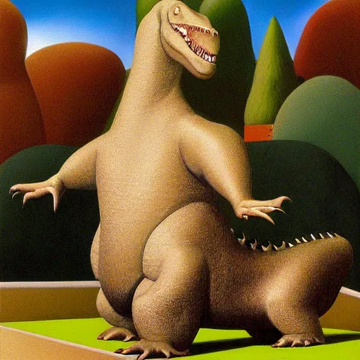 Prompt: statue of a dinosaur by Fernando Botero