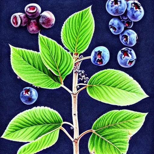 Image similar to botanical drawing of blueberry bush. Traditional art. Rustic. Nordic. Trending on artstation. Detailed. Bushy. Nature. Artistic.