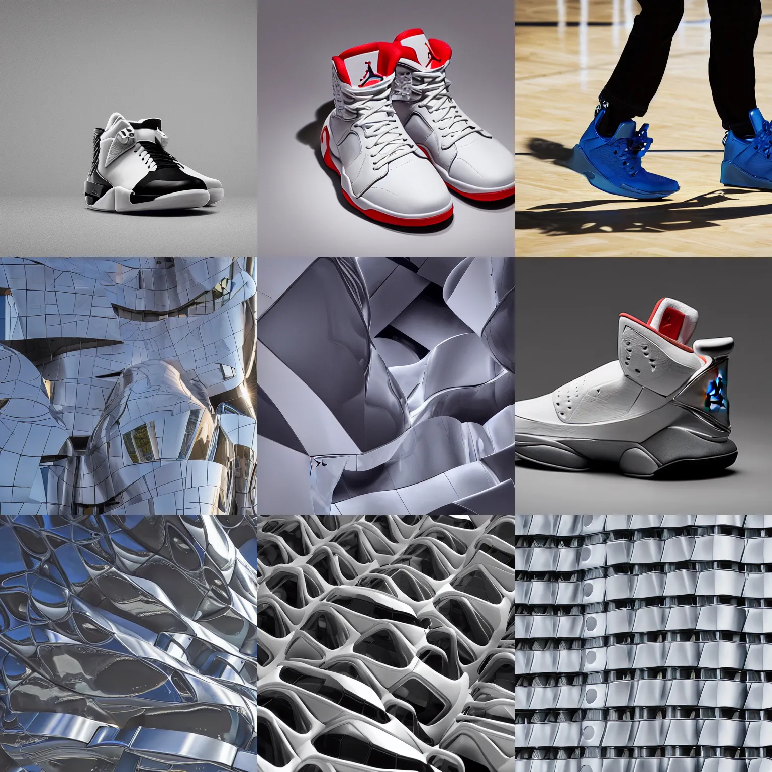 Prompt: a 8 k futuristic official photograph of futuristic jordan shoes by frank gehry