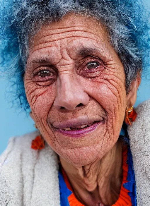 Image similar to Mid-shot portrait of a 65-year-old woman from Cyprus, happy, strong blue and orange colors, candid street portrait in the style of Martin Schoeller award winning, Sony a7R