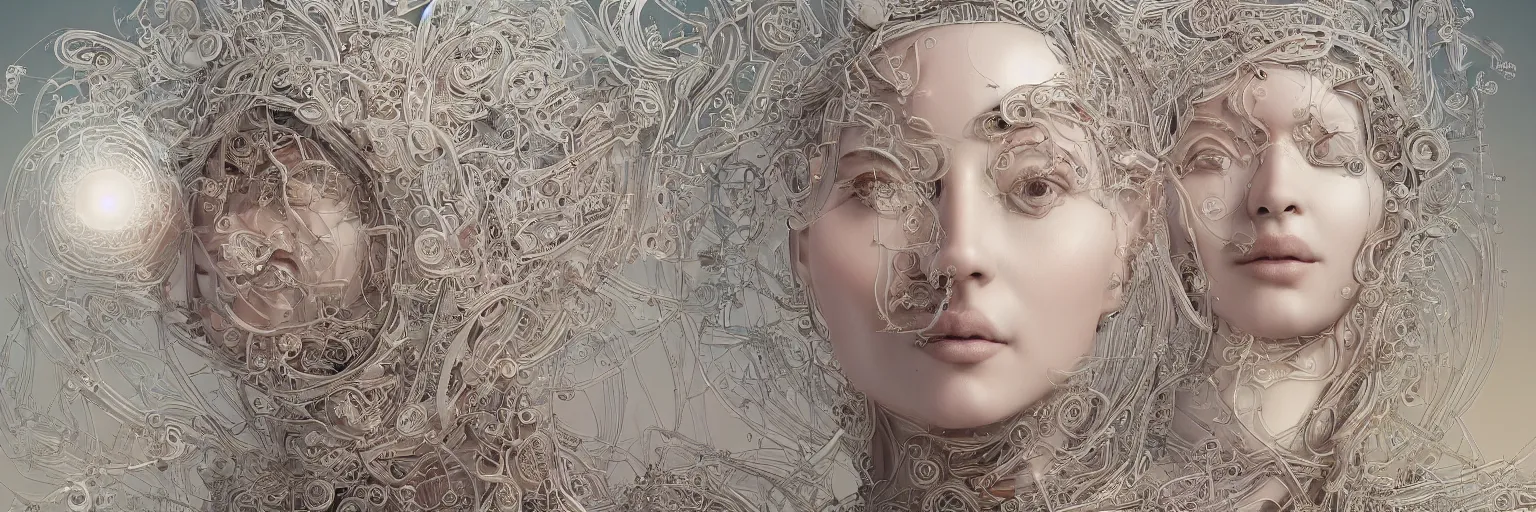 Image similar to The face of a very beautiful goddess radiating an artwork made from layers of technical drawings and architectural plans, very detailed and intricate with callout texts, leaders, arrows and bubbles by James Jean and Ross Tran and WLOP , hyperrealism, subsurface scattering, octane render, bokeh, 8k, xparticles