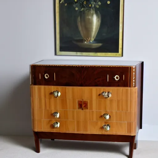 Image similar to realistic photo of an art deco chest of drawers with cabriole legs, walnut wood inlaid with maple accents