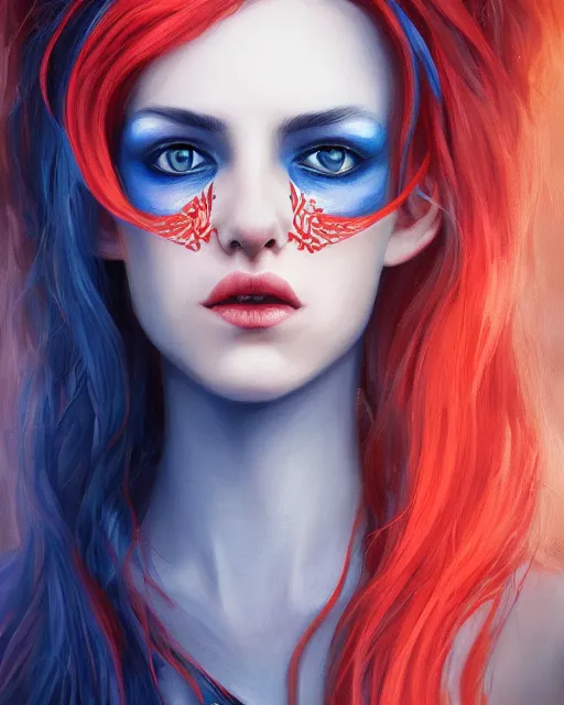 Image similar to A detailed matte oil on canvas head on symmetrical portrait of a distinguished elven woman with split red and blue hair on an empty background, by Charlie bowater, Wlop, trending on artstationhd, dungeons and dragons art, parted hair , half blue, half red , split dye, critical role