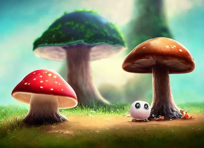 Prompt: a cute creature sitting next to a mushroom concept portrait, detailed, sharp focus, pastel, intricate, realistic, smooth, volumetric lighting, digital painting, by miyazaki