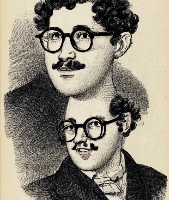 Prompt: man with glasses, dark short curly hair smiling, illustration in the style of e. h. shephard