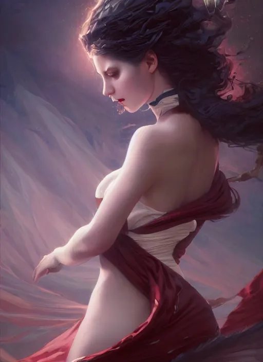 Image similar to desirable vampire girl floating in the air with silk cloth, fantasy, intricate, elegant, highly detailed, digital painting, artstation, concept art, matte, sharp focus, illustration, art by artgerm and greg rutkowski, dreadjim, zeen chin