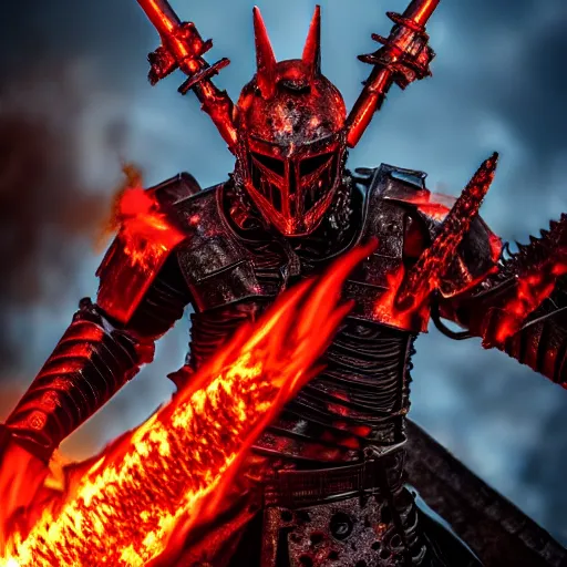 Prompt: photo of a hell knight with flaming weapons, highly detailed, 4k, HDR,