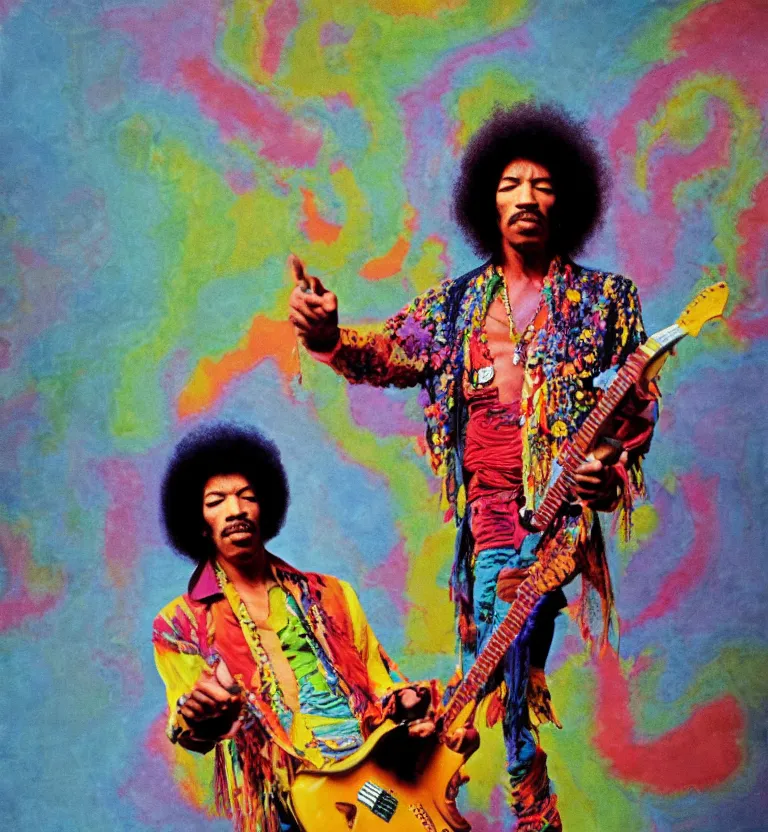 Image similar to colour portrait photography of jimi hendrix full body shot by annie leibovitz, colourful biomorphic opart temple, 8 k