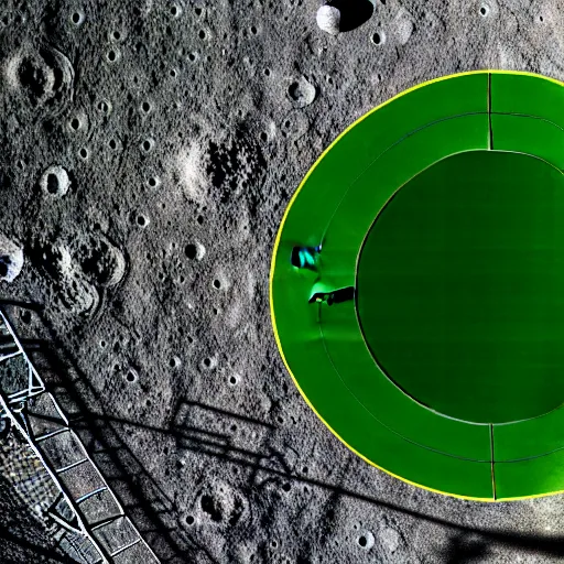 Image similar to a photography of a green soccer pitch on the moon, extreme long shot