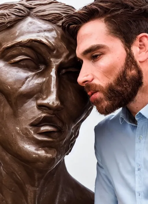 Image similar to a handsome sculpted face twice the size of a human, examining a handsome giant's face, running your hand across the cheekbones and dimples of a giant, face focus, wholesome, romantic