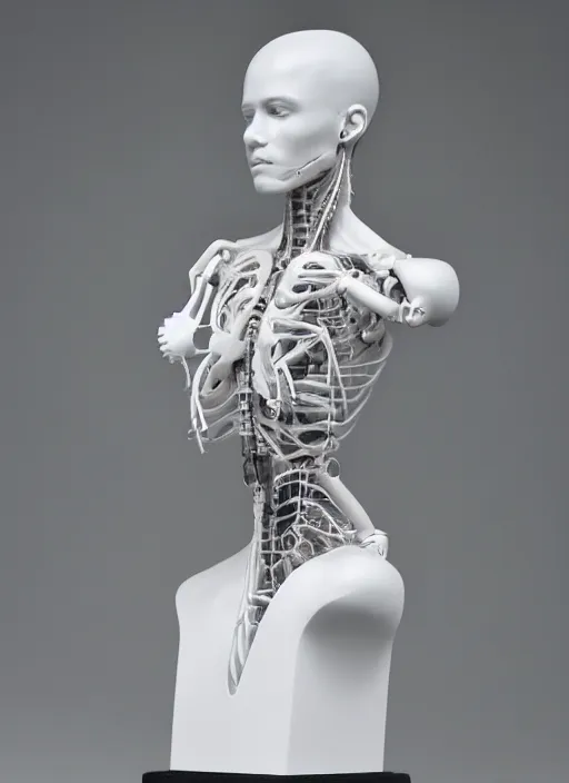 Image similar to a bust sculpture of anatomical detailed cyborg, meghan markle, blue blood, become human, ceramic base, orthographic, studio lighting