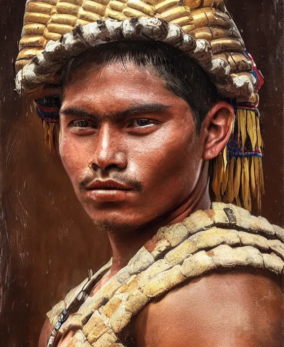 Image similar to portrait of a handsome young mayan warrior in yucatan, art by denys tsiperko and franz xaver kosler and bogdan rezunenko, hyperrealism