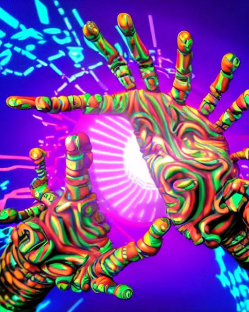 Image similar to psychedelic trip of a cyborg who's escaping death, trippy, lots of hands, 8k, ultra realistic