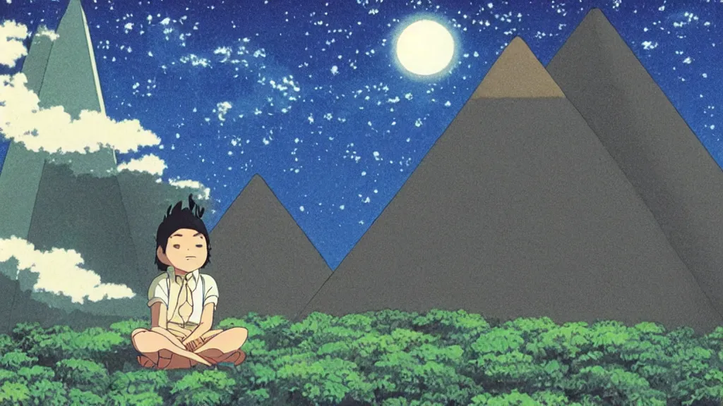 Image similar to a movie still from a studio ghibli film showing a huge dwarf meditating. a pyramid is under construction in the background, in the rainforest on a misty and starry night. a ufo is in the sky. by studio ghibli