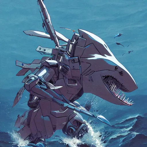 Prompt: shark faced gundam, amphibious combat mecha mobile suit stepping onto a beach holding a scifi weapon, over under shot by wayne barlowe, pascal blanche, victo ngai
