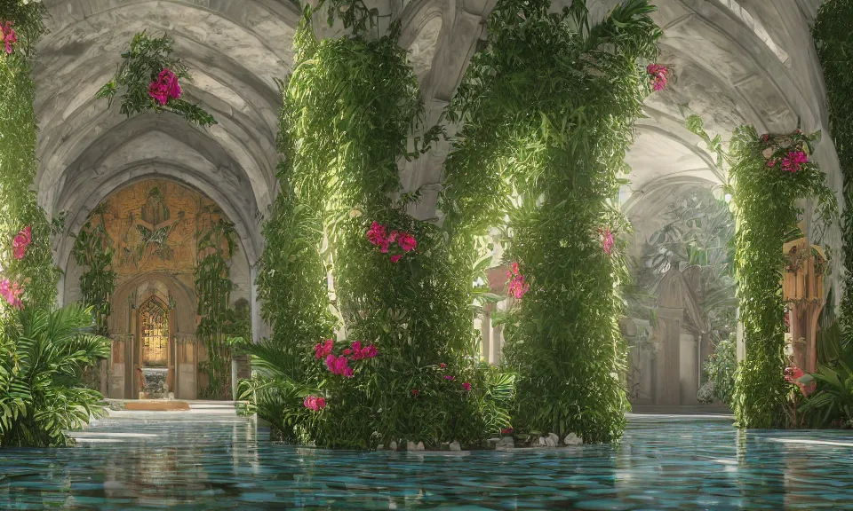 Image similar to cathedral interior with koi pond in the middle surrounded by palm trees, ivy, flowers, tropical plants, roses, and with archways. rendered in octane render with photorealistic lighting