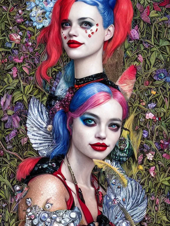 Prompt: a 65mm portrait of harley quinn between embellished avian-inspired sequined feather-adorned wings and flower bushes,by tom bagshaw,Cedric Peyravernay,DIOR,marie spartali Stillman,William Morris,Dan Mumford,trending on pinterest，maximalist,glittering,feminine