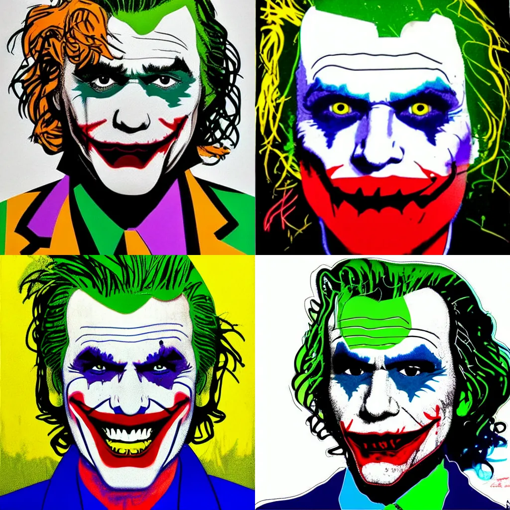 Prompt: 2 d graphic portrait of the joker by andy warhol, pop - art style