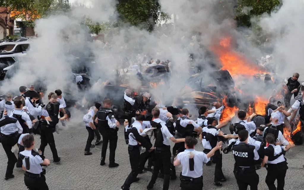 Prompt: an austrian police car burning with people dancing in a ritual around it