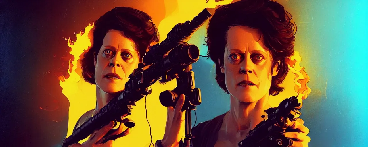 Prompt: duotone dark concept illustration 3 / 4 portrait of sigourney weaver as ellen ripley with flame thrower. cinematic volumentric lighting space. golden ratio accidental renaissance. by sachin teng and sergey kolesov and ruan jia and heng z. graffiti art, scifi, fantasy, hyper detailed. octane render. concept art. trending on artstation
