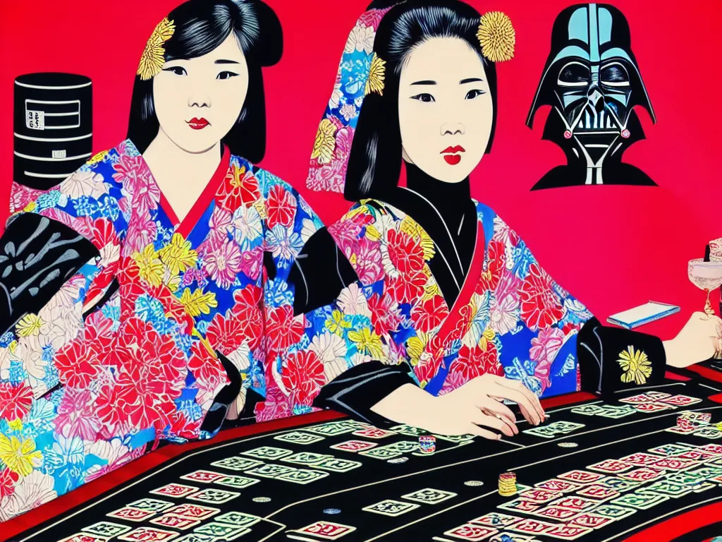 Image similar to hyperrealistic composition of the detailed woman in a japanese kimono sitting at a extremely detailed poker table with detailed darth vader, fireworks, mount fuji on the background, pop - art style, jacky tsai style, andy warhol style, acrylic on canvas