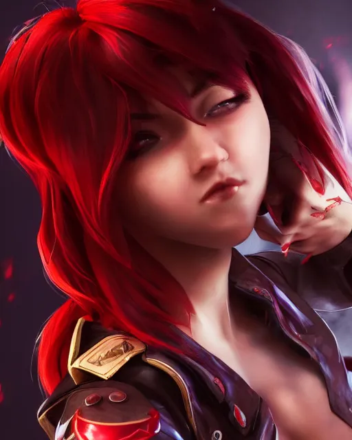 Image similar to a girl with short red hair, cool, vi from arcane, league of legends, fighter, cool red jacket, tattoo, beautiful, 3 d, potrait, art staion, studio light, closeup shot, octane render, wlop