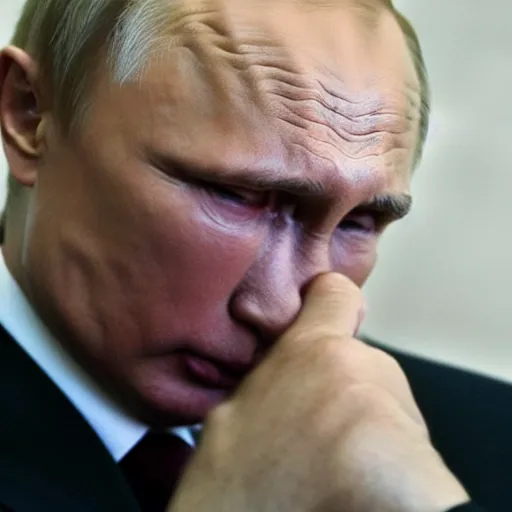 Image similar to Putin crying, (EOS 5DS R, ISO100, f/8, 1/125, 84mm, postprocessed, crisp face, facial features)