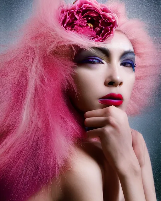 Image similar to androgynous portrait, close-up, high sharpness, zeiss lens, fashion photo shoot, peony flowers, pink hair, red lipstick, on metal background, Annie Leibovitz and Steve McCurry, David Lazar, Zhong Lin, Jimmy Nelsson, Eiko Hosoe , artistic, hyper-realistic, beautiful face, octane rendering