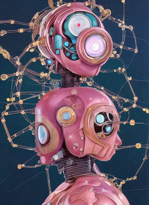 Image similar to an art nouveau kawaii gouache painting, by yoshitaka amano, by Victo Ngai, by shaun tan, by good smile company, detailed anime 3D render of an attractive male modular mechanical android, portrait, cgsociety, artstation, modular art nouveau mechanical costume and headpiece, futuristic setting bokeh depth of field