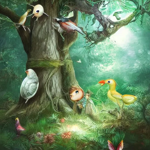 Image similar to magical forest, birds, child forest, highly detailed facez, stra ge creatures, artwork, digital art, fantasy