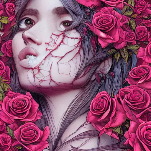 Prompt: the anatomy of a head of thorns with roses that resemble a beautiful young woman looking up, an ultrafine detailed illustration by james jean, intricate linework, bright colors, final fantasy, behance contest winner, vanitas, angular, altermodern, unreal engine 5 highly rendered, global illumination, radiant light, detailed and intricate environment