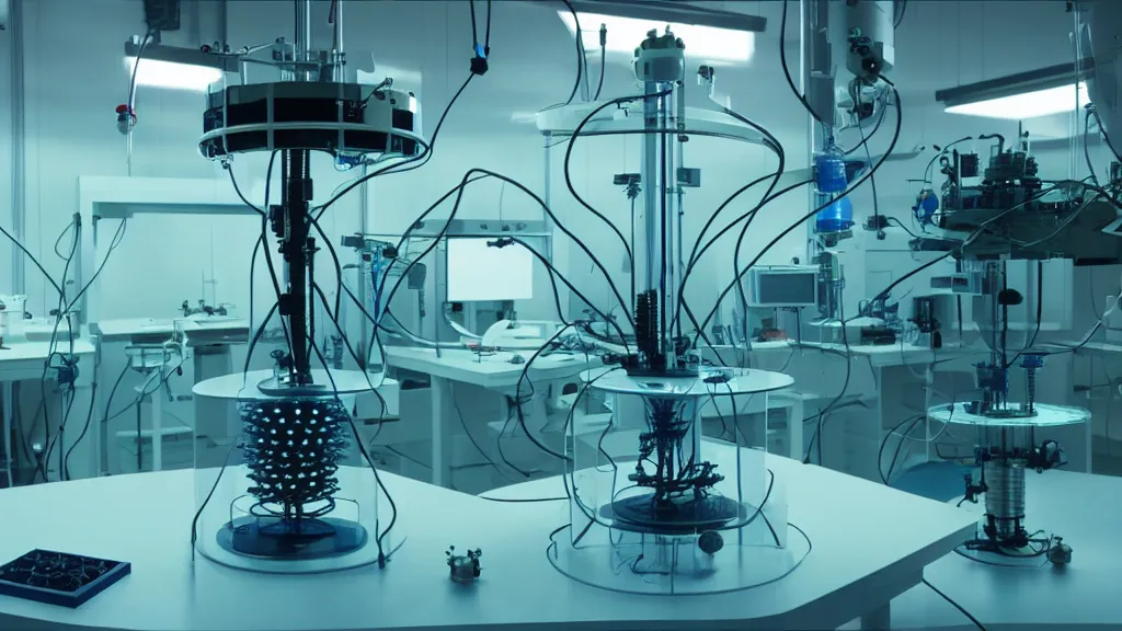 Image similar to a octoidal mri 3 d printer machine and control panels in the laboratory inspection room making organic forms, film still from the movie directed by denis villeneuve with art direction by salvador dali, wide lens