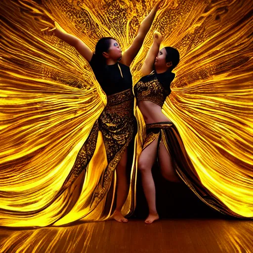 Image similar to two asian girls dancing, liquid golden and black fluid, magic hour, dramatic light, liquid painting, golden bodypaint, yellow and blue lightning, world best photography, indian patterns, bokeh, golden jewelry filigree, body detaily, ornaments, fresco by michaelangelo, golden rays, god rays, epic cinematic wallpaper