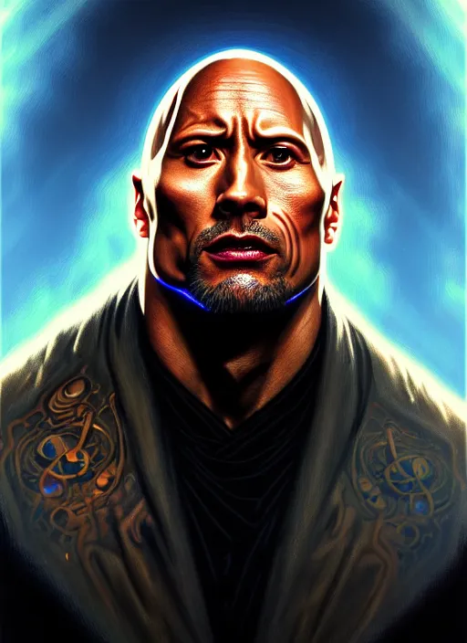 Image similar to portrait of dwayne johnson glowing eyes, volumetric lights, feast, music notes, art nouveau botanicals, gothic, intricate, highly detailed, digital painting, artstation, concept art, smooth, sharp focus, symmetric face, illustration, steampunk, art by artgerm and greg rutkowski and alphonse mucha