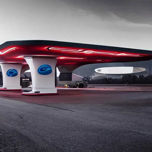 Image similar to a futuristic fuel station in the style of reuben wu, roger deakins, h 1 0 2 4