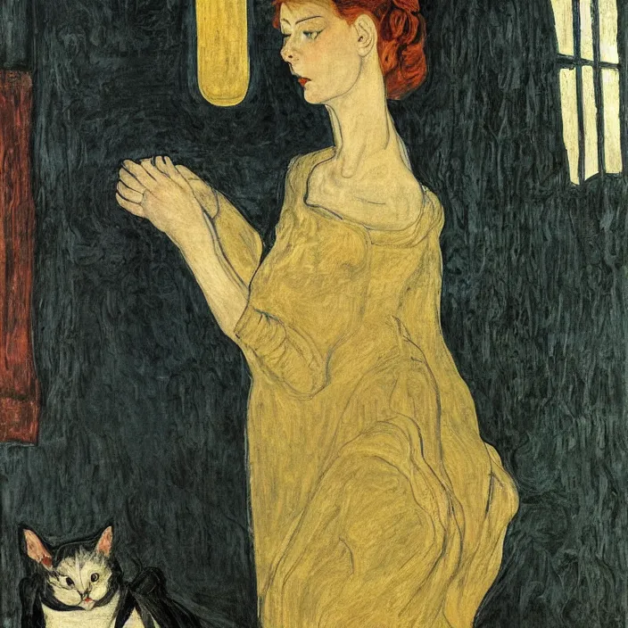 Image similar to close portrait of woman in night gown with cat, with city with gothic cathedral seen from a window frame with curtains. thunderstorm. caravaggio, egon schiele, bonnard, henri de toulouse - lautrec, utamaro, monet