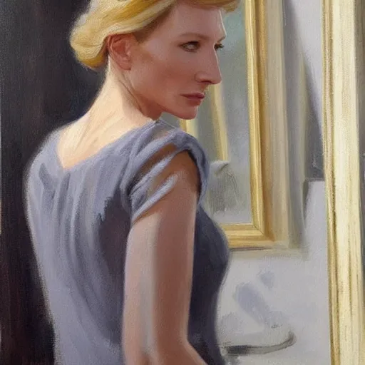 Image similar to cate blanchett in low-cut blouse in front of a mirror, painting by Vladimir Volegov