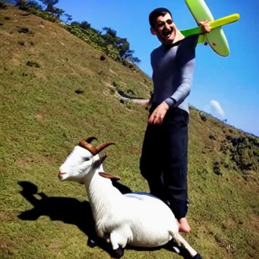 Image similar to Mr bean surfing on a goat