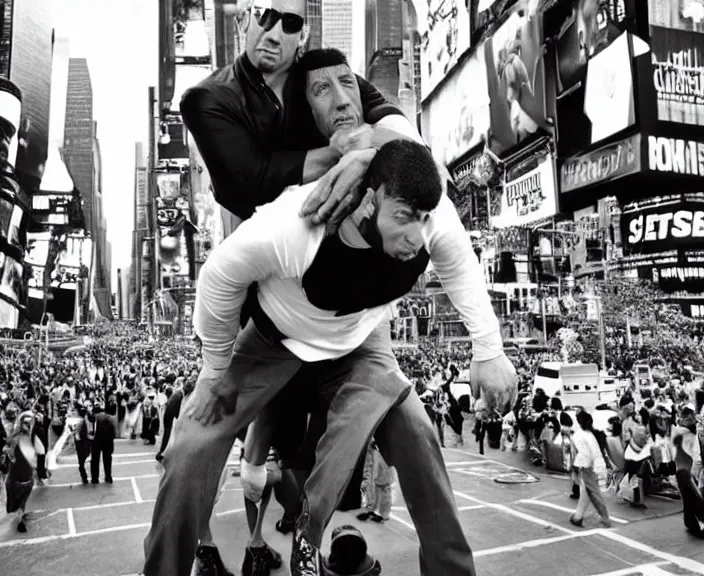 Image similar to The rock piggyback on Adam Sandler on Methamphetamine at Times Square, photograph by Alfred Eisenstaedt, 4K, dramatic lighting; 4K 8K