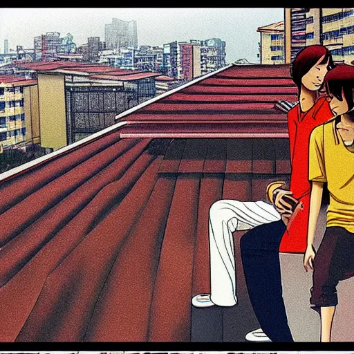 Image similar to art of two singapore students on the roof of a hdb flat, by satoshi kon