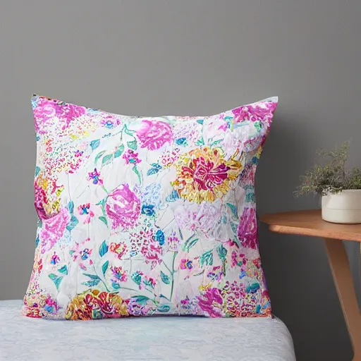 Prompt: pillowcase decorated with a floral pattern, detailed