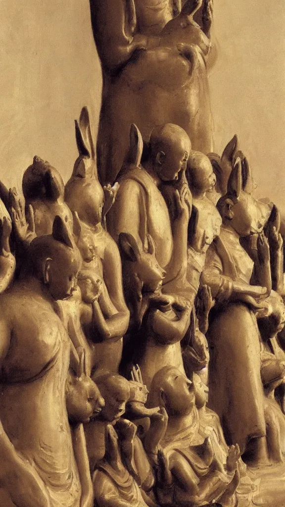 Image similar to a crowd of people pray a rabbit budda statue by john singer sargent