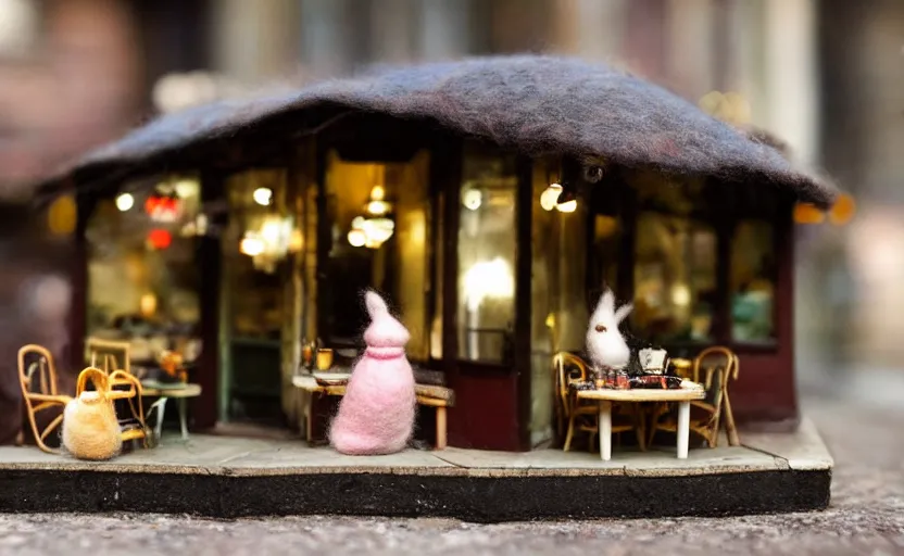 Image similar to miniature cafe diorama macro photography, cafe with felted bunnies, alleyway, ambient, atmospheric, british, cozy, bokeh, romantic