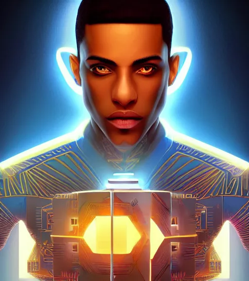 Image similar to symmetry!! egyptian prince of technology, solid cube of light, hard edges, product render retro - futuristic poster scifi, lasers and neon circuits, brown skin man egyptian prince, intricate, elegant, highly detailed, digital painting, artstation, concept art, smooth, sharp focus, illustration, dreamlike, art by artgerm