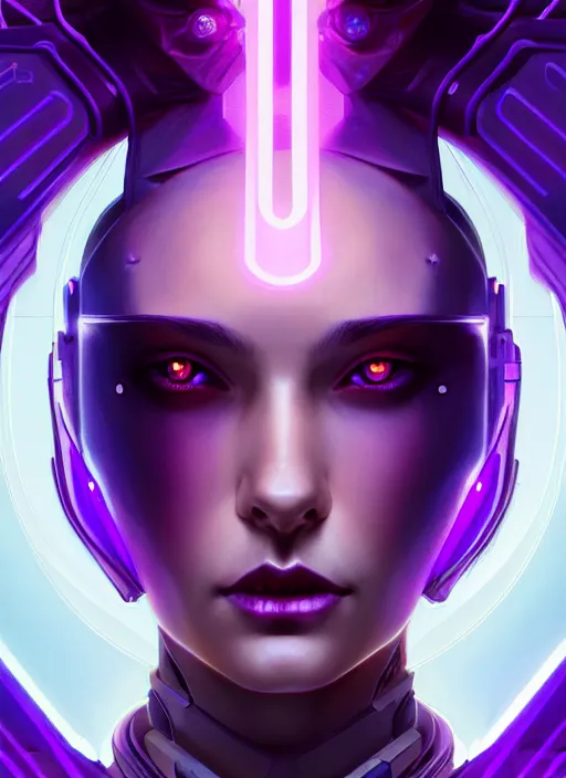 Prompt: symmetry portrait of a very beautiful caucasian young cyberpunk woman with dark purple hair, sci - fi, tech wear, glowing lights intricate, elegant, highly detailed, digital painting, artstation, concept art, smooth, sharp focus, illustration, art by artgerm and greg rutkowski and alphonse mucha