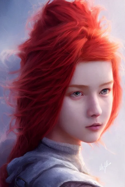 Prompt: ultra realistic style illustration of a beautiful cute red haired joyful 1 9 year old teen, full portrait, long hair, sci - fi, fantasy, intricate, elegant, digital painting, artstation, concept art, smooth, sharp focus, 8 k frostbite 3 engine, ultra detailed, art by artgerm and greg rutkowski and magali villeneuve