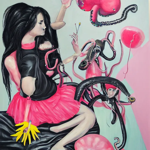 Prompt: a portrait in a female artist's bedroom, black walls, emo girl riding an inflatable flamingo, sheet music, berries, surgical supplies, pancakes, black flowers, sensual, octopus, neo - expressionism, surrealism, acrylic and spray paint and oilstick on canvas