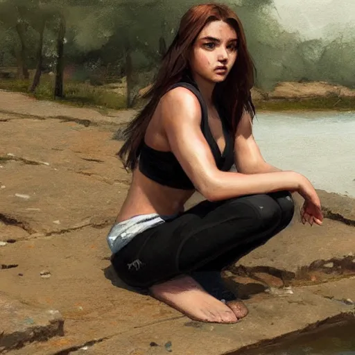 Image similar to slavic girl squats by the river, greg rutkowski